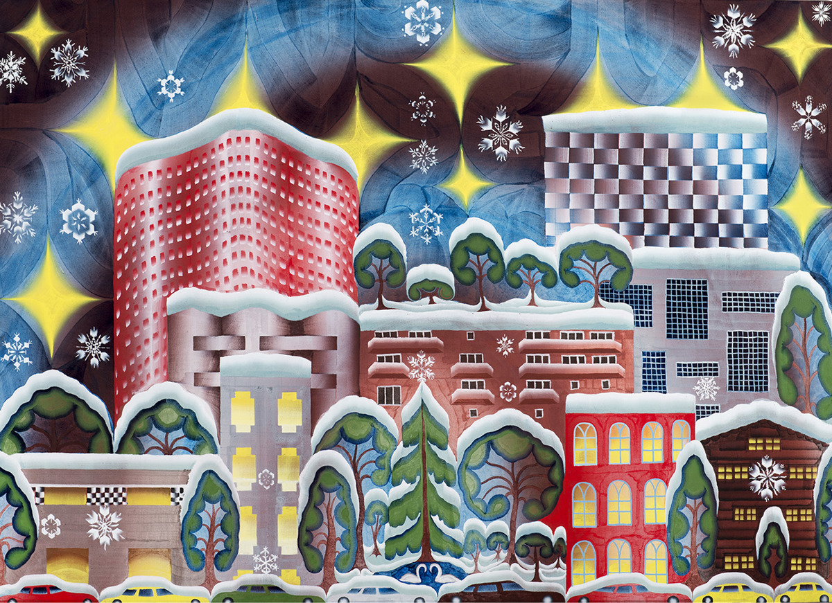 Gijs Frieling, City in the bright night, 2014, casein, pigment op linnen, AkzoNobel Art Foundation
